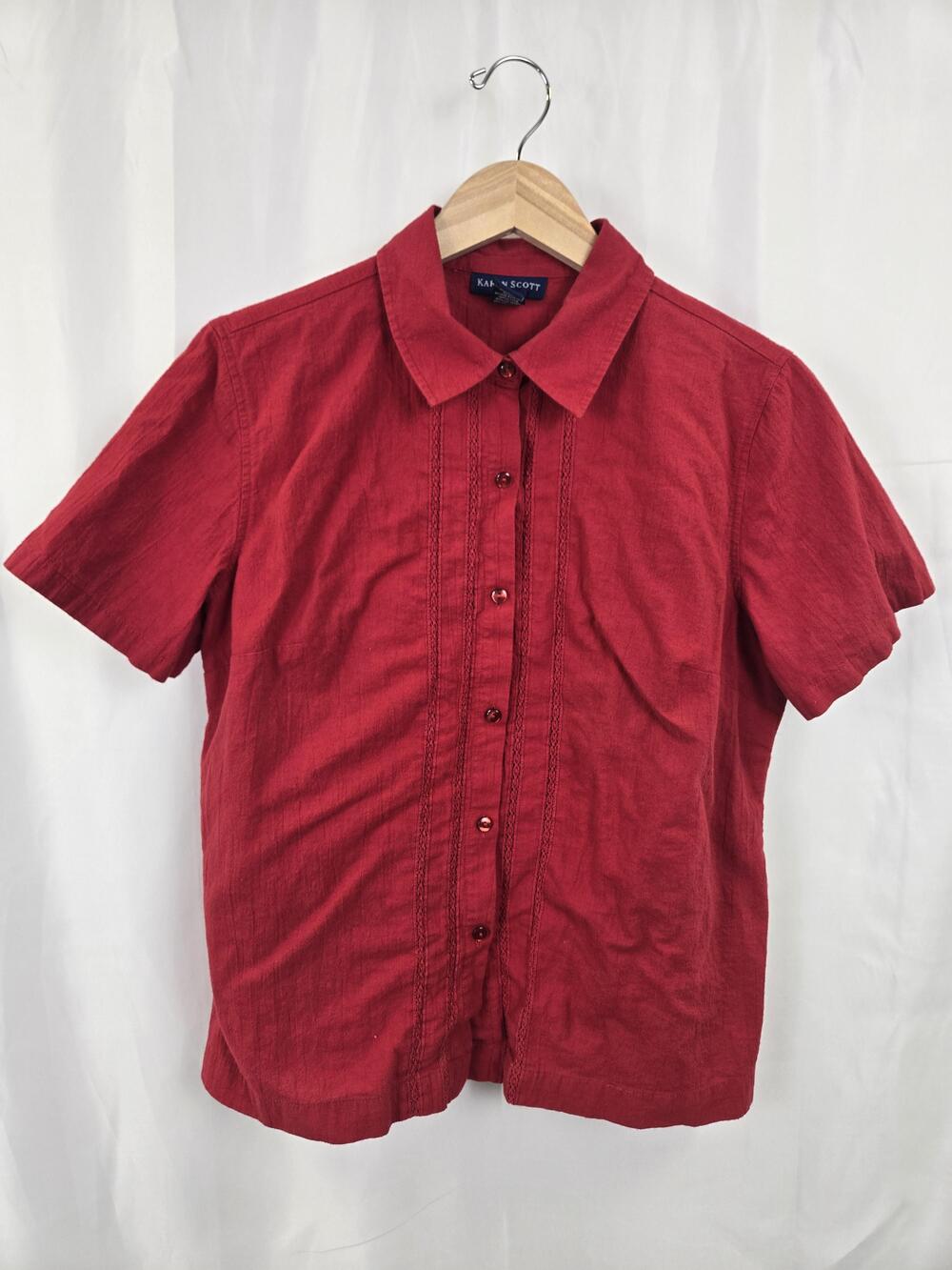Karen Scott Shirt Womens Large Red Short Sleeve Button Front Collared Blouse Top